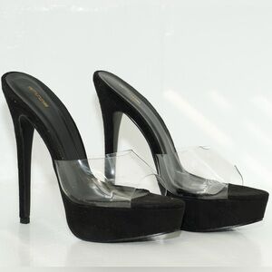 Pretty Little Thing BLACK HIGH PLATFORM CLEAR MULE SANDALS Suede PVC Size UK 6